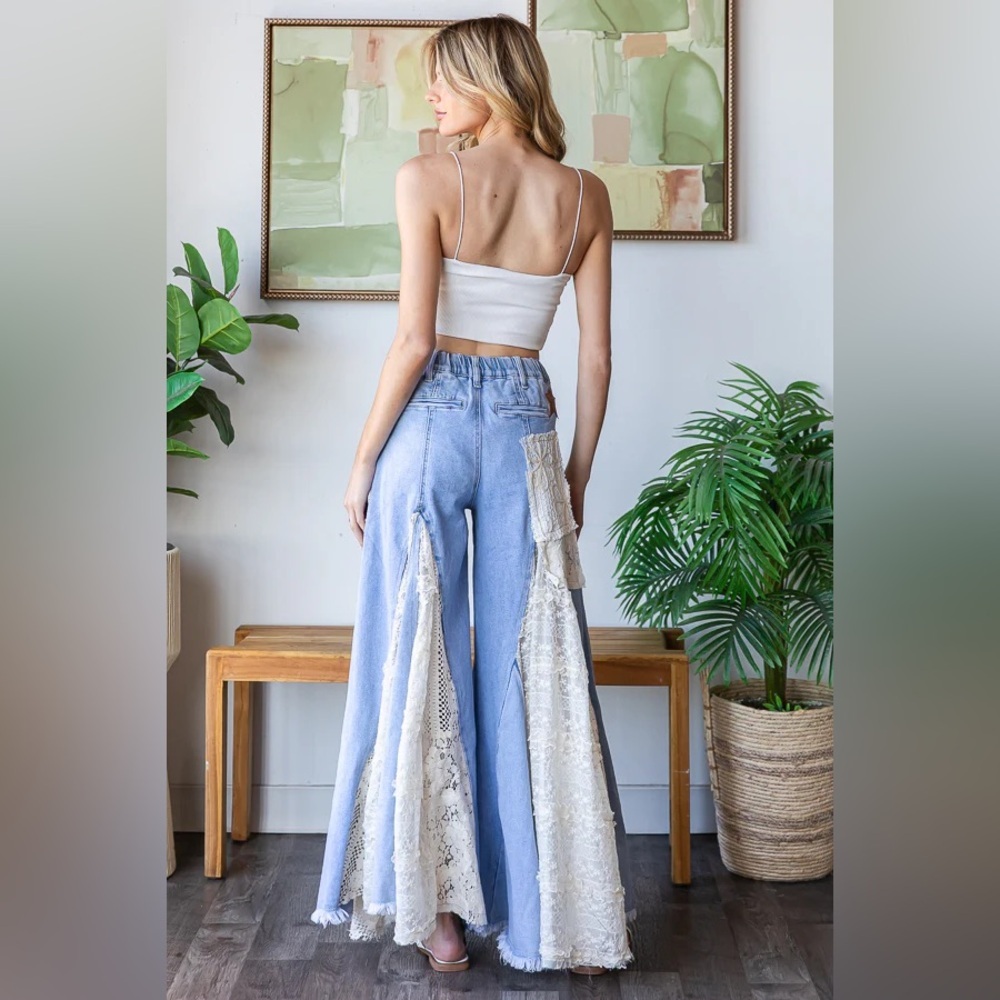 OLI & HALI Women’s Denim LACE INSERT DETAIL RUFFLE FLARE WIDE LEG PANTS - Picture 5 of 8